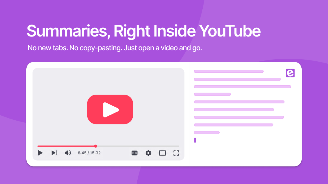 The ekstrakt summary panel open beside a YouTube video player, showing a generated summary.